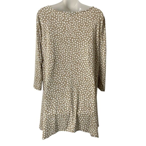 Alfani Womens 2X Tunic Top Tan White Printed 3/4 Sleeve Asymmetric Hem Stretchy - Picture 4 of 12